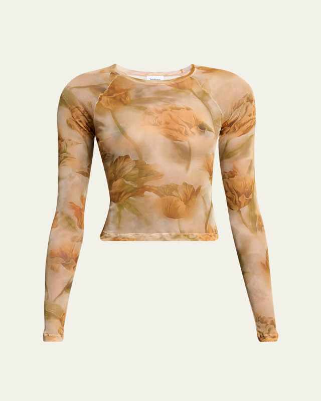 Floral-Print Mesh Long-Sleeve Top